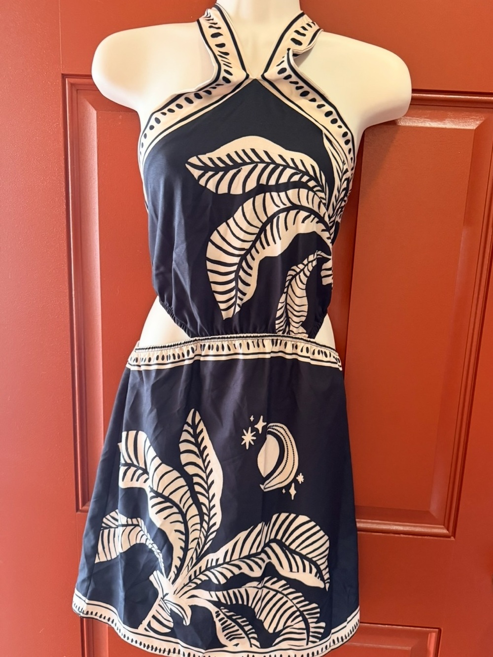 NWOT SHEIN Tropical Vacation Tie Back Cutout Waist Halter Dress- XS, Multi